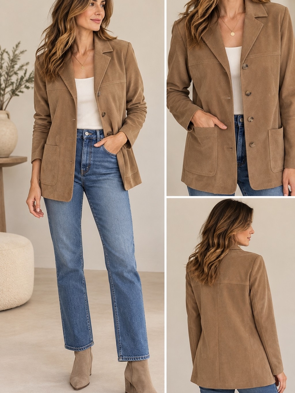 Women's Suede-Look Tan Blazer Jacket